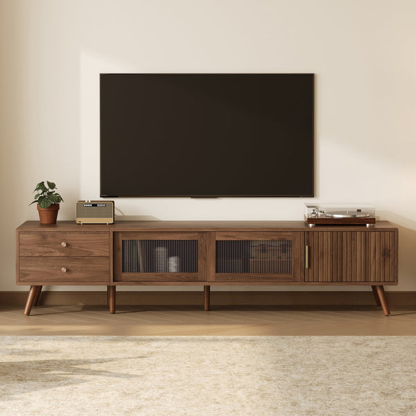 English Elm 76" Wood Grain Media Console with Glass Doors Deep Drawers and Living Room Storage N710P397467P