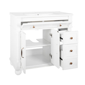 English Elm 35.6" Freestanding Bathroom Vanity with Roman Column Base and Ceramic Integrated Sink W1801S00009