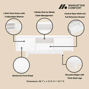 English Elm Ella Mid-Century 59" TV Stand with Cable Management, Adjustable Shelves, Drawer & Sled Legs White B365S00124