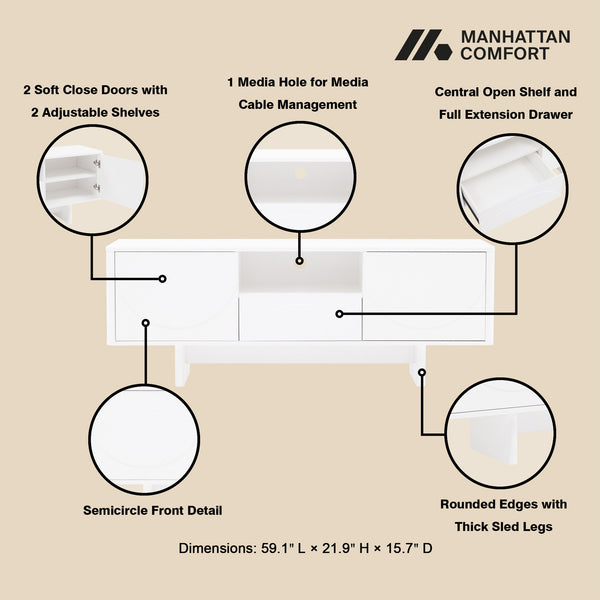 English Elm Ella Mid-Century 59" TV Stand with Cable Management, Adjustable Shelves, Drawer & Sled Legs White B365S00124