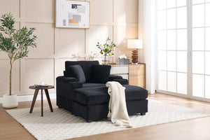 English Elm Corduroy Upholstered Chaise Lounge Sofa with Movable Ottoman, Cup Holder, Deep Seat Comfort Black W2120S00011