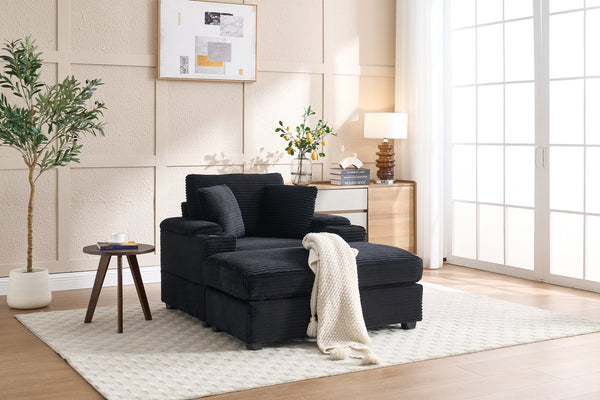 English Elm Corduroy Upholstered Chaise Lounge Sofa with Movable Ottoman, Cup Holder, Deep Seat Comfort Black W2120S00011
