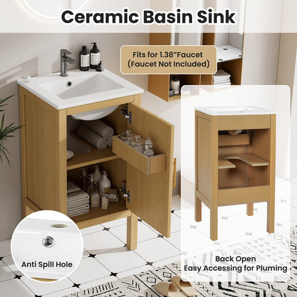 English Elm 18" Pine and Mdf Bathroom Vanity with Ceramic Basin Soft Close Hinged Cabinet N710P426321P
