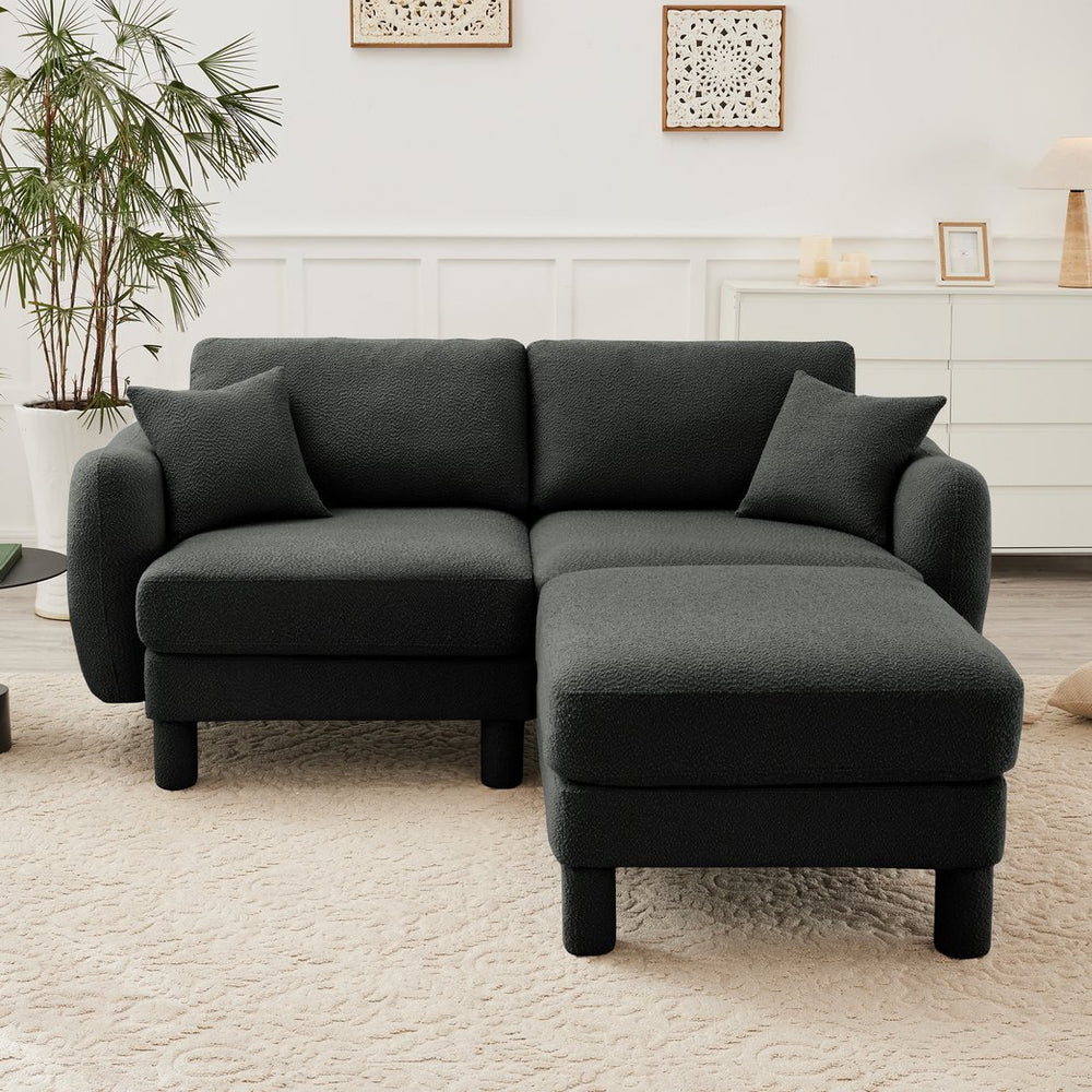 English Elm Boucle Chic 2-Seater Loveseat Sofa With Shell-Shaped Armrests & Removable Ottoman In Dark Gray W3041S00299