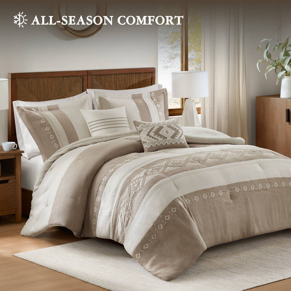 English Elm 5-piece Micro Suede Comforter Set with Geometric Embroidery for Full Queen Beds B035P408734