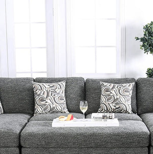 English Elm Gray Chenille 5pc Sectional Sofa Set with Chaise Ottoman & Patterned Pillows, Plush High-Density Comfort, Tapered Legs B2741S00063