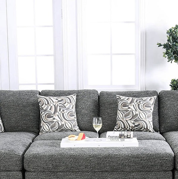 English Elm Gray Chenille 5pc Sectional Sofa Set with Chaise Ottoman & Patterned Pillows, Plush High-Density Comfort, Tapered Legs B2741S00063