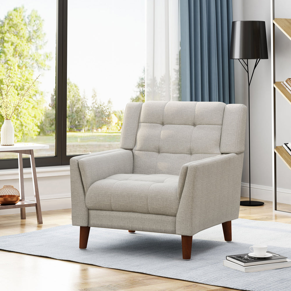 English Elm Mid-century Waffle Tufted Club Chair Solid Wood Splayed Legs Reading Lounge Accent Beige N776P379535I