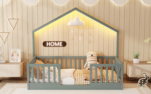 English Elm Twin Montessori Floor Bed House Frame with Led Lighting and Safety Rails for Kids Grey W2593P440597
