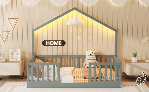 English Elm Twin Montessori Floor Bed House Frame with Led Lighting and Safety Rails for Kids Grey W2593P440597
