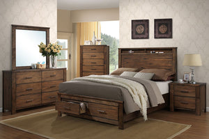 English Elm Modern Oak Veneer Eastern King Platform Bed with Headboard Shelving and Underbed Drawers B011S02144