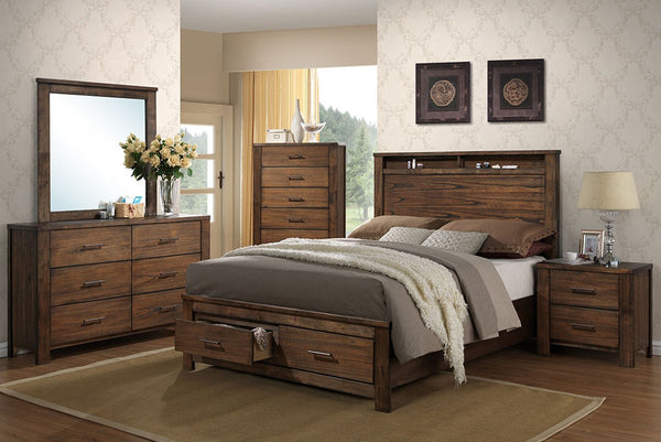 English Elm Modern Oak Veneer Eastern King Platform Bed with Headboard Shelving and Underbed Drawers B011S02144