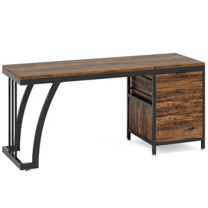 English Elm Extensive Industrial Writing Desk with Metal Frame Three Drawers and File Storage T3971P450857