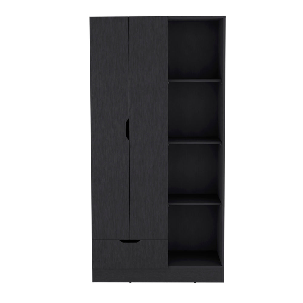 English Elm Memphis Wardrobe Armoire with Double Doors, Built-In Rod, Four Shelves & Spacious Lower Drawer Black 40 L x 23 W x 3 H B200S00286