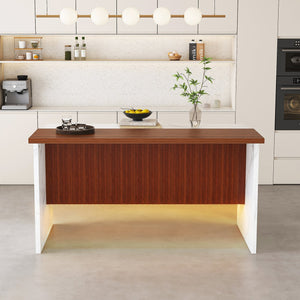 English Elm 63" Modern Kitchen Island with Black Marble-Look Surface, LED Ambient Lighting & Grille Accent White+Walnut W2699P365916