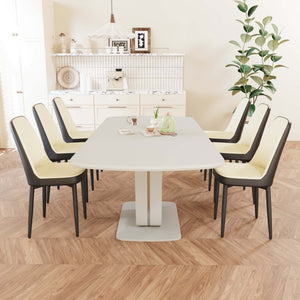 English Elm 62.99-78.74" Extendable Dining Table Set Seats 8 with Six Pu Upholstered Cushioned Chairs Beige+Grey,Black W2189S00857