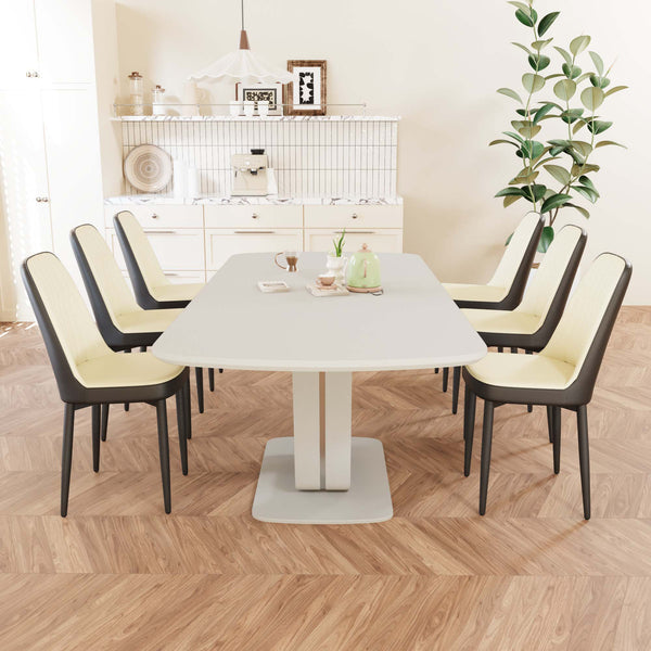 English Elm 62.99-78.74" Extendable Dining Table Set Seats 8 with Six Pu Upholstered Cushioned Chairs Beige+Grey,Black W2189S00857