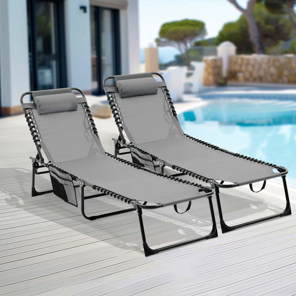 English Elm Folding Chaise Lounge Set of 2 - Portable Outdoor Pool Chairs with 4-Position Recline, Breathable Mesh, Pillow Black+ Gray W3162P277278