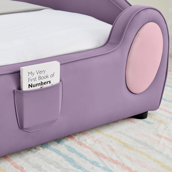 English Elm Twin Cloud Shaped Toddler Bed Upholstered Pu Leather with Guardrails and Storage Pocket Pink Purple W1413S00185