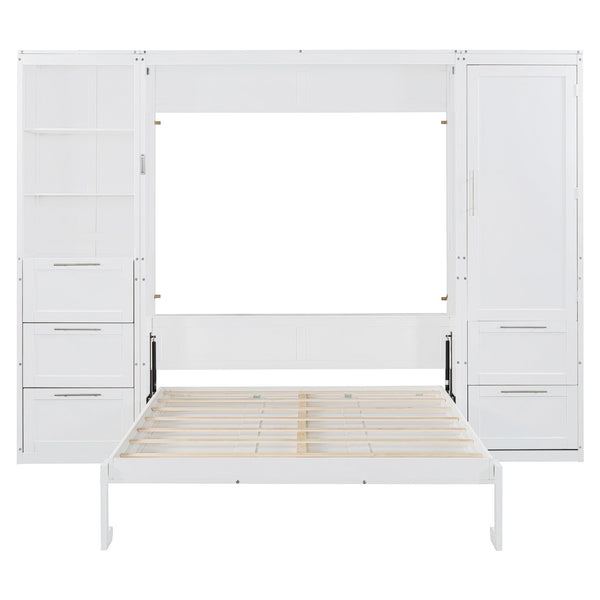 English Elm Queen Murphy Wall Bed with Wardrobe Drawers and Shelves for Studio or Guest Room White LP000865AAK-2