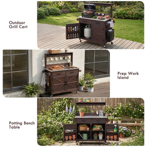 English Elm K&k Solid Fir Grill Cart Stainless Steel Top Outdoor Kitchen Station with Locking Wheels Brown N707P409087Z
