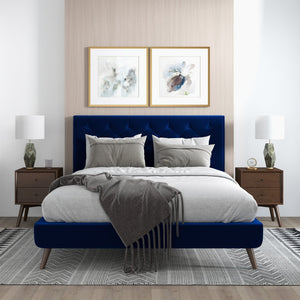 English Elm Ashcroft Furniture - Dillon Elegant Blue Velvet Platform Bed - Mid-Century Modern Design With No-Box-Spring Required B183S00080