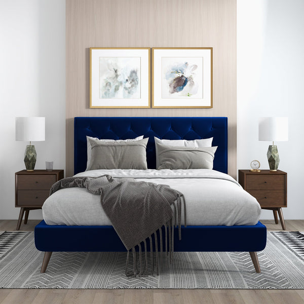 English Elm Ashcroft Furniture - Dillon Elegant Blue Velvet Platform Bed - Mid-Century Modern Design With No-Box-Spring Required B183S00080