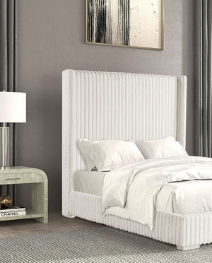 English Elm Bedroom Elegant Contemporary Queen Bed with Fur Chenille Upholstery, Engineered Wood Frame, Mattress-Ready White 65 L x 73.5 W x 7 H B2741P320879