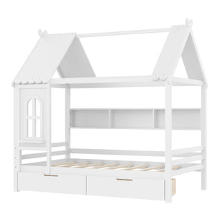 English Elm Full House Solid Wood Platform Bed with Window Roof, Under-Bed Drawers & Shelves for Kids' Rooms Light White W1580S00267