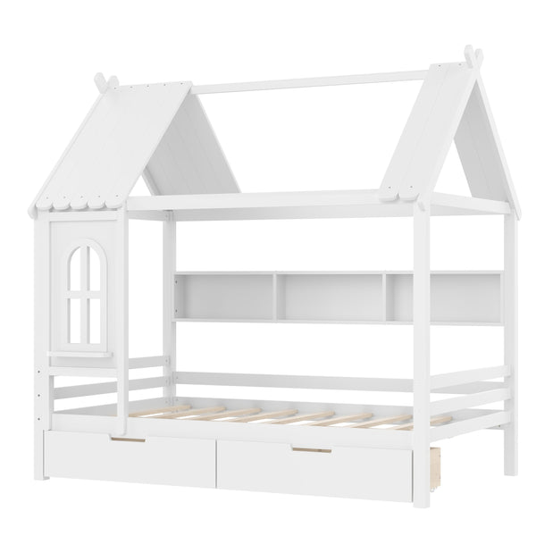 English Elm Full House Solid Wood Platform Bed with Window Roof, Under-Bed Drawers & Shelves for Kids' Rooms Light White W1580S00267