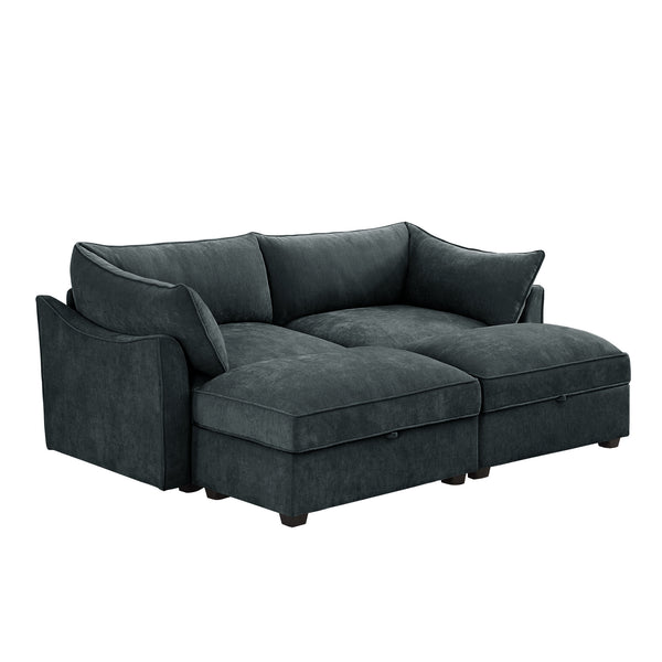 English Elm 2 Seater Sofa With Movable Ottomans & Hidden Storage Drawers - Chic Chenille Comfort & Style W3041S00194
