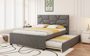 English Elm Queen Linen Upholstered Platform Bed with Brick Textured Headboard and Pull Out Trundle SF000004AAE-1
