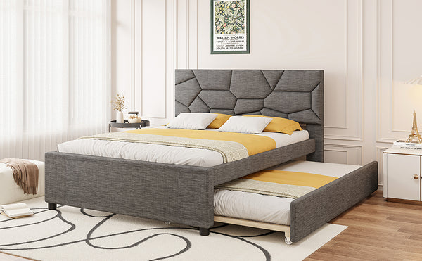 English Elm Queen Linen Upholstered Platform Bed with Brick Textured Headboard and Pull Out Trundle SF000004AAE-1