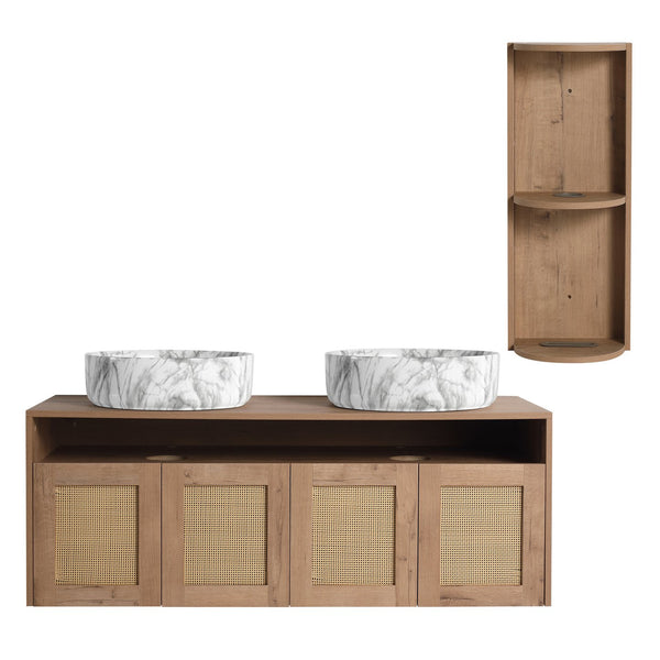 English Elm 48" Floating Bathroom Vanity Oak Finish Dual Ceramic Sinks Soft Close Plywood Cabinet W999S00506