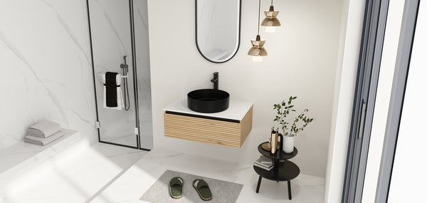 English Elm 30'' Floating Wall Mounted Vanity Hand Painted Ceramic Vessel Sink Soft Close Drawer W999S00360