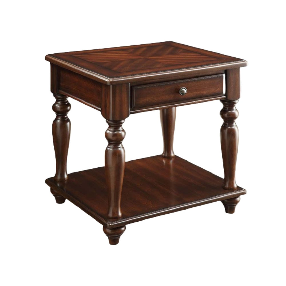 English Elm Farrel Parquet Top Walnut End Table with Drawer and Open Shelf for Living Room B2726P484476