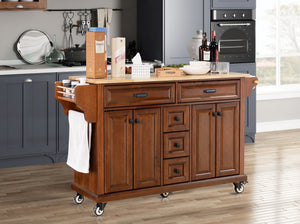 English Elm Kitchen Island durable rubberwood countertop kitchen cart on casters with towel rack, spice shelf, 5 drawers and adjustable shelving for organized meal prep and mobility Mahogany W914S00004