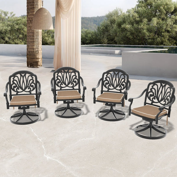 English Elm Cast Aluminum Patio Swivel Chair Set - 4Pcs With Black Frame & Cozy Brown Cushions For Outdoors W1710S00428
