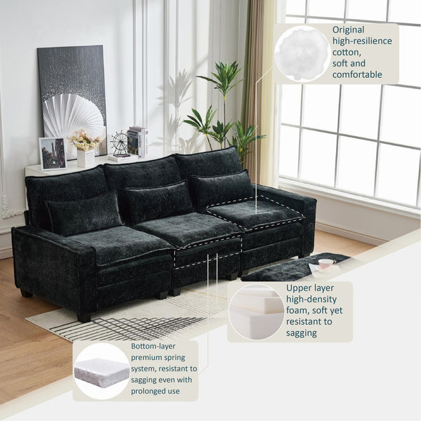 English Elm 99'' Sectional Cloud Deep Seat Couch - Plush Chenille 4-Seat L-Shaped Sofa with Movable Ottoman, Stain-Resistant Comfort and Ergonomic Lumbar Support Black W3373S00024
