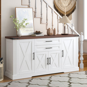 English Elm 63" Fluted Mdf Sideboard with Wood Tone Top Four Doors Three Drawers Dining Storage White W2917S00013