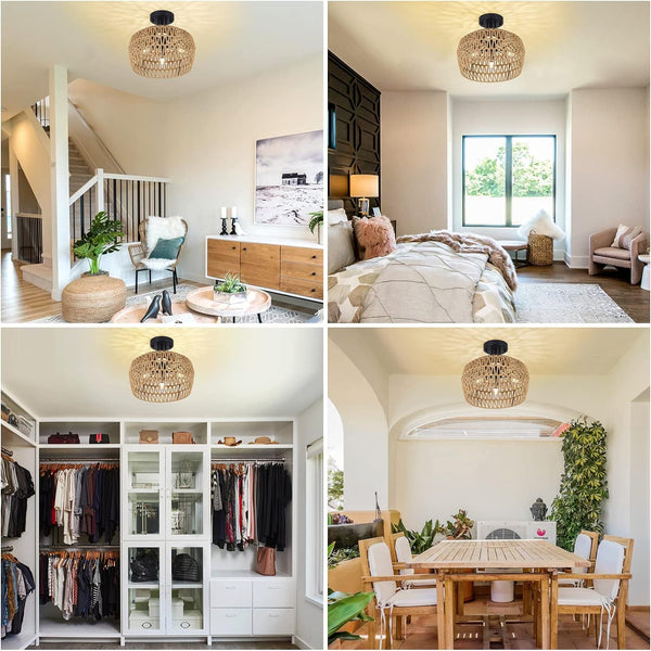 English Elm Semi Flush Rattan Ceiling Light 3-Light Boho Wicker Fixture Handwoven Lampshade Dimmable Cozy Ambience Brown W2738P185407