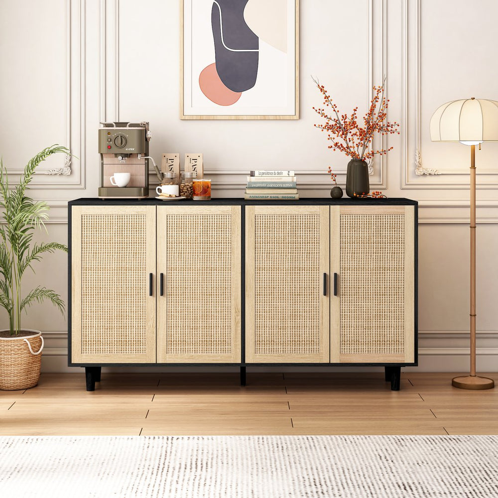 English Elm 62.20"Elegant 4-Door Rattan Storage Cabinet with Solid Wood Legs, Black, Spacious Shelves & Easy Assembly W757P174987