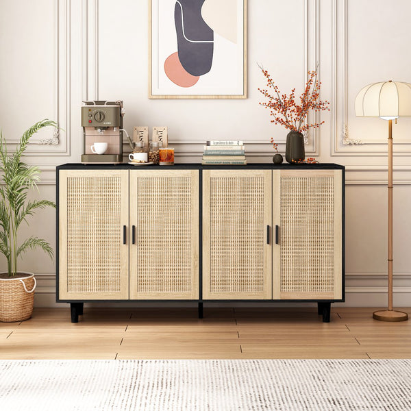 English Elm 62.20"Elegant 4-Door Rattan Storage Cabinet with Solid Wood Legs, Black, Spacious Shelves & Easy Assembly W757P174987