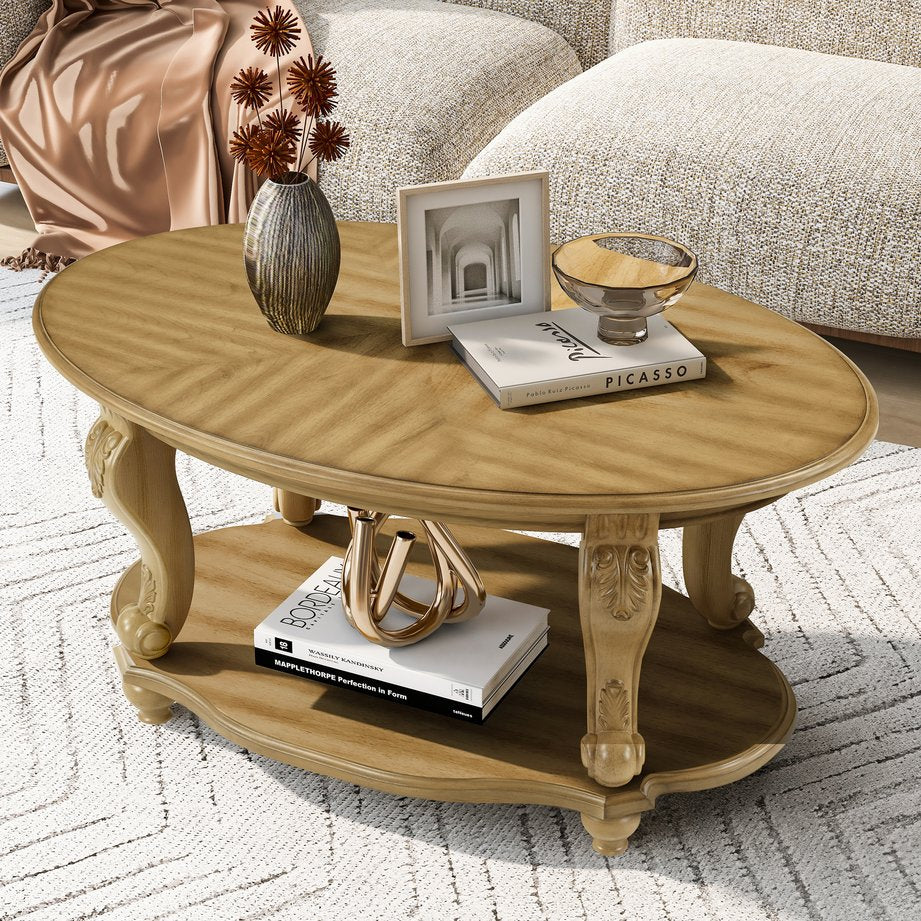 English Elm 42'' Oval Two-tier Wood Cocktail Table with Carved Floral Detail and Open Shelf W1202P318405
