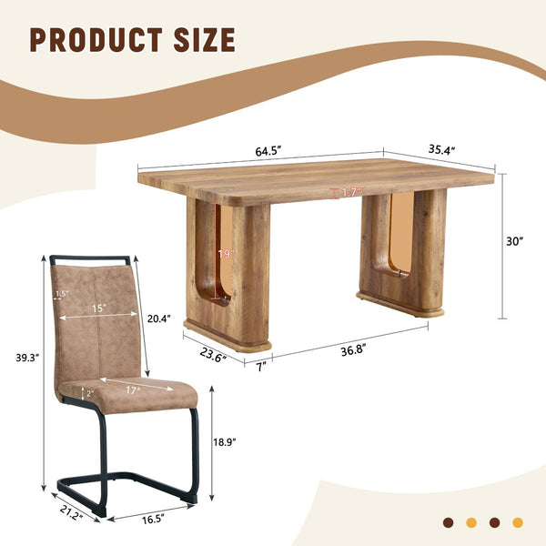 English Elm Table And Chair Set - Modern 64.5" Wood-Textured Dining Table With 6 Stylish Brown Chairs Included W1151S03585-GIGA