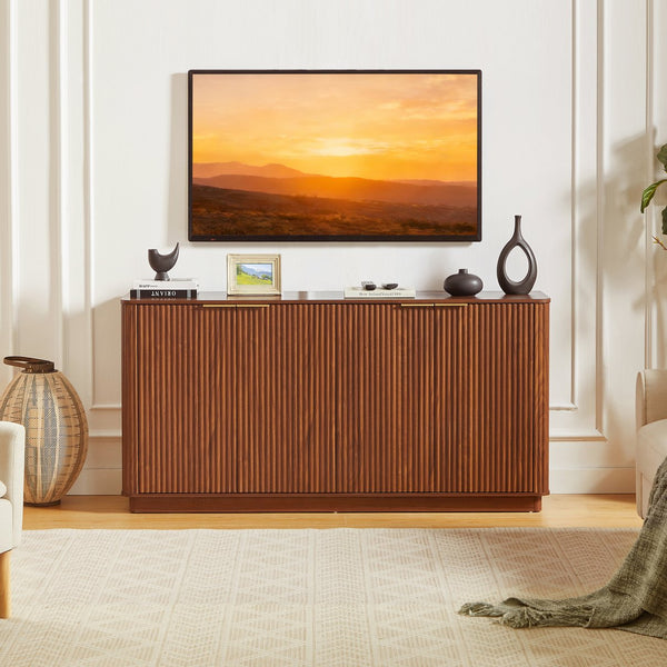 English Elm 63" Wave Front Sideboard with Four Door Storage for Living Room Hallway Bedroom Walnut W1820P431359