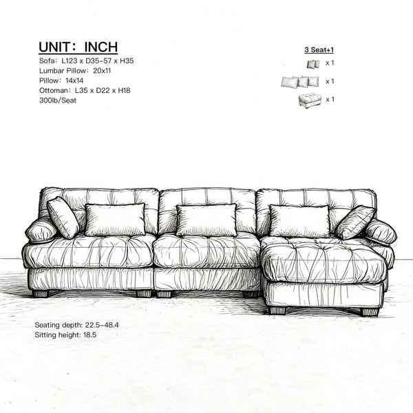 English Elm Modular Cloud Sectional Sofa Flannelette Deep Seat L Shape with Movable Ottoman Beige W2120S00037