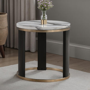 English Elm Contemporary Round End Table With Marble Top, Gold Rings, And Stylish Wooden Legs For Modern Elegance B2741P395328