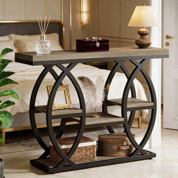English Elm Hall Console Table Faux Marble Top Gold Geometric Base Modern Entryway Accent T3971P453217