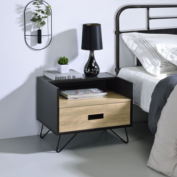 English Elm Oak Modern Oak and Black Nightstand with Drawer, Open Shelf & Metal Legs, Smooth Glide Storage B062P181411